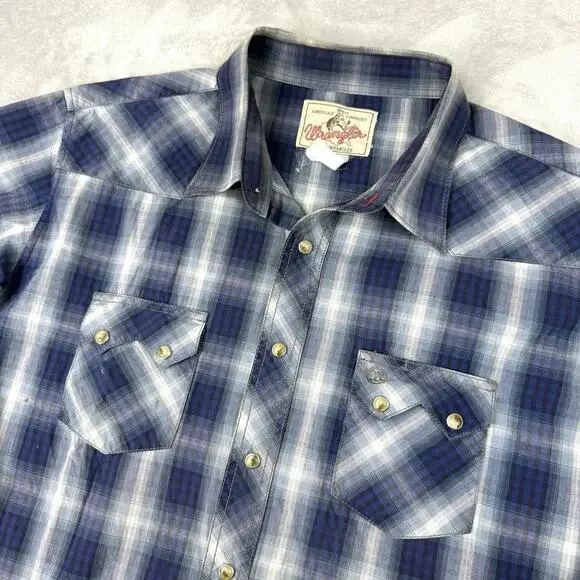 Vintage Wrangler Western Plaid Snap Button Shirt Blue Cowboy Workwear Men Size L - Picture 3 of 9